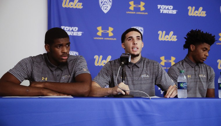 Image: UCLA basketball player LiAngelo Ball reads his statement during a news conference