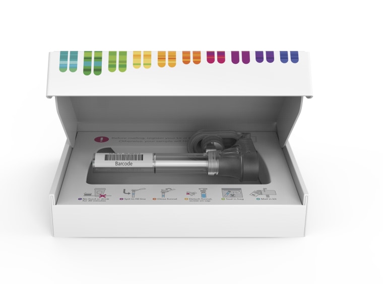This image released by 23andMe shows the company's home-based saliva collection kit.