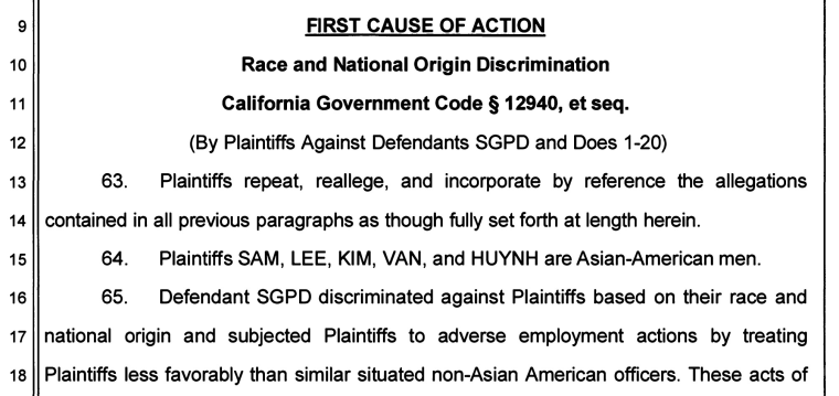 An excerpt of a lawsuit detailing allegations against the San Gabriel Police Department.