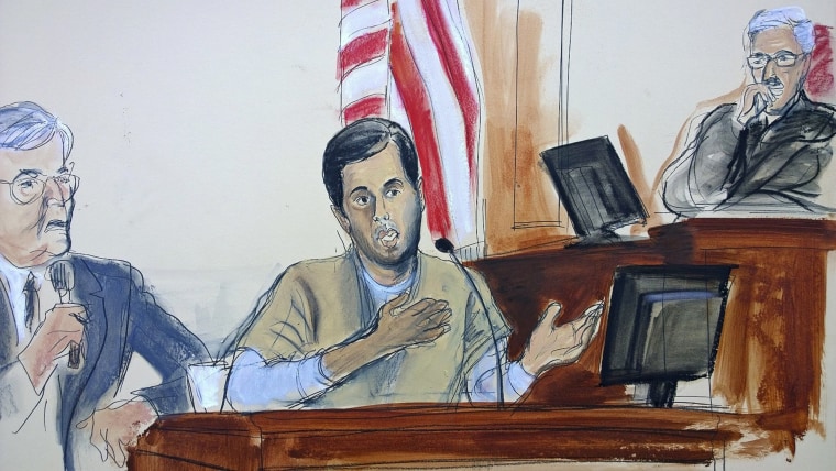 Image: In this courtroom sketch, Turkish-Iranian gold trader Reza Zarrab, center, testifies before Judge Richard Berman