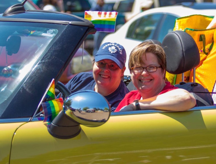 Jaime Harker, right, with her wife, Dixie, at the Oxford, Mississippi, gay pride parade.