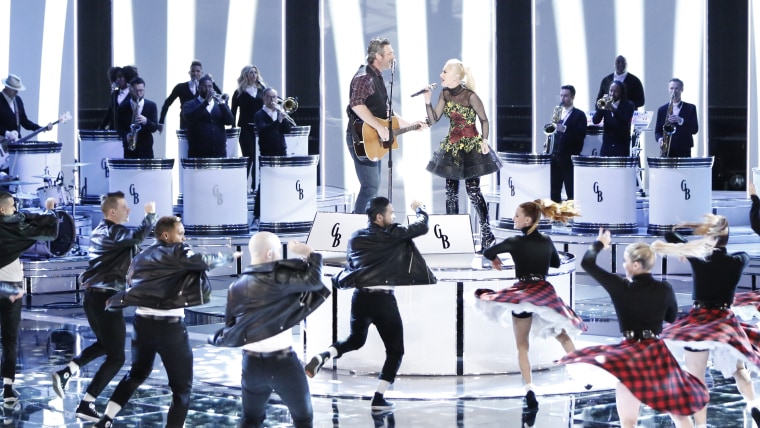 Blake Shelton and Gwen Stefani singing a duet on "The Voice"