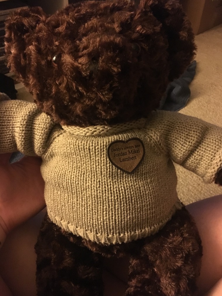 Nathan's memorial "Daddy Bear," given to him after his father's death.