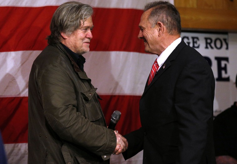 Image: Republican candidate for U.S. Senate Judge Roy Moore and former White House Chief Strategist Steve Bannon