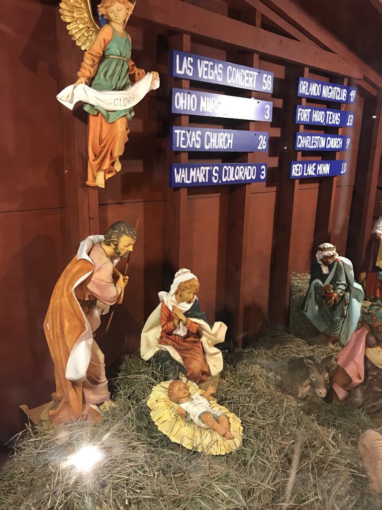 UImage: The nativity scene at a church in Dedham, Massachusetts that pays tribute to shootings and gun violence in the United States.