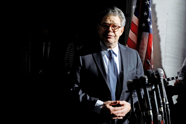 Image: Senator Franken addresses the media outside his office on Capitol Hill in Washington