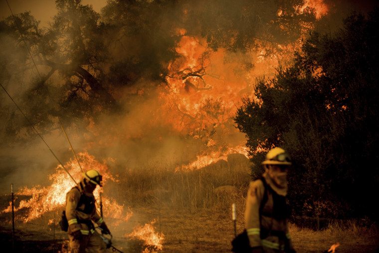 Image: Firefighters light backfire while trying to keep a wildfire from jumping Santa Ana Rd. near Ventura, California, on Dec. 9, 2017.