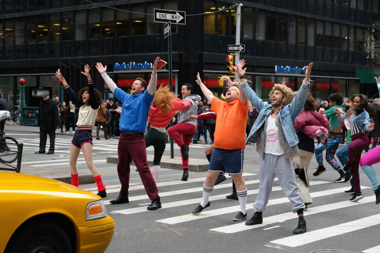 Zendaya, James Corden, and Hugh Jackman perform in Crosswalk The Musical in New York City with James Corden during "The Late Late Show with James Corden," on Thursday, December 14, 2017