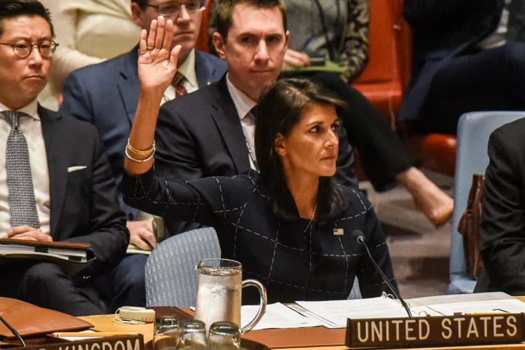 Image: U.S. Ambassador to the UN, Nikki Haley votes during a United Nations Security Council meeting on North Korea in New York City