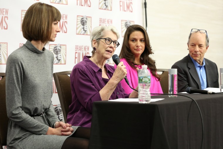 Rachel Crooks, Jessica Leeds, Samantha Holvey and founder and president of Brave New Films Robert Greenwald speak during the press conference held by women accusing Trump of sexual misconduct on Dec. 11, 2017 in New York City.