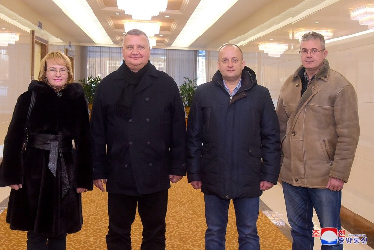 Image: Victor Kalganov, vice-director of the National Defense Command Center of the Russian Federation (center-left) in Pyongyang with three unidentified Russian defense ministry officials.