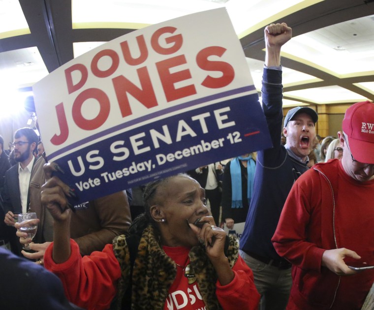 Image: Doug Jones supporters cheer as they watch results at an election night watch party