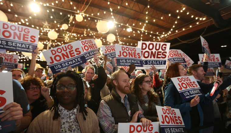 Image: Supporters listen to Doug Jones speak at a rally at Old Car Heaven in Birmingham
