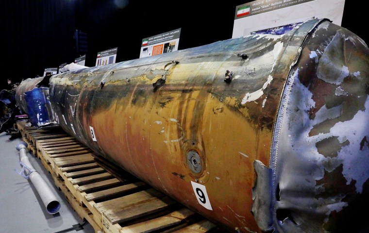 Image: Weapon that Pentagon says is "QIAM" ballistic missile manufactured in Iran fired from Yemen into Saudi Arabia is seen on display at military base in Washington