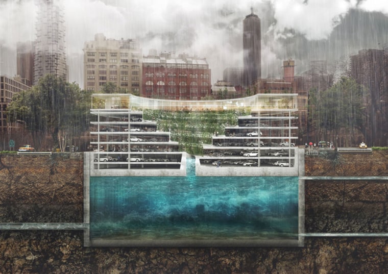 Image: As heavy rain falls, storm water fills the underground reservoir and the parking structure will rise