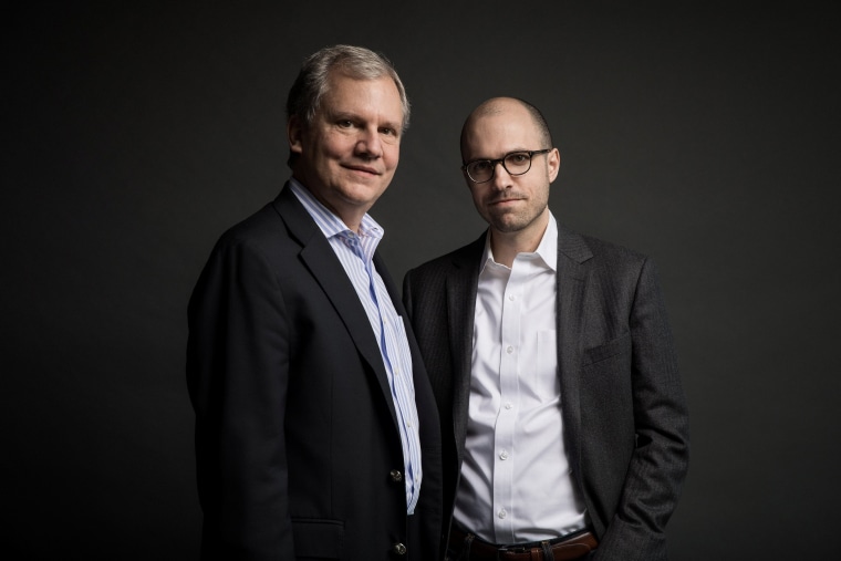 Image: Arthur Gregg (A.G.) Sulzberger and his father Arthur Ochs Sulzberger Jr. on the 16th floor of the New York Times building in New York