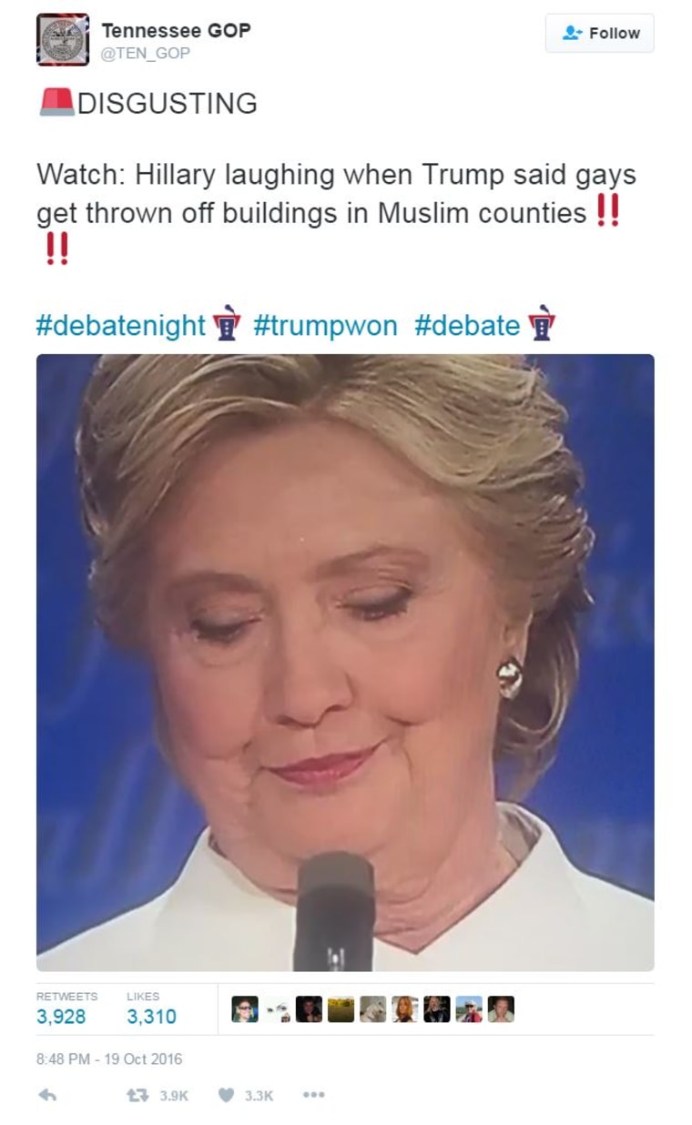 Screenshot of a tweet sent by a Russian troll on the night of the final debates, Oct. 19, 2016.