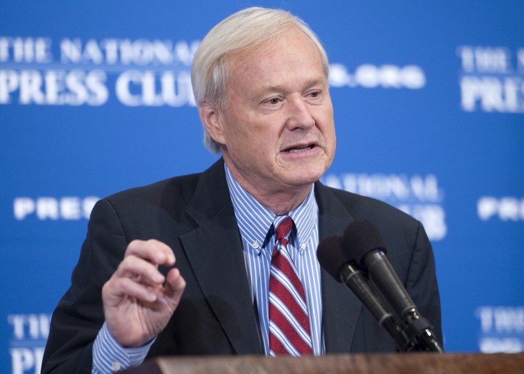 In this June 4, 2012 file photo, Chris Matthews, host of MSNBC's "Hardball with Chris Matthews" delivers a National Press Club Newsmaker Luncheon address at the 25th annual Gerald R. Ford Presidential Foundation journalism awards luncheon.