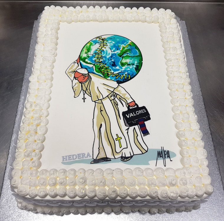 Image: This handout released by Roman pastry Hedera Sweetness and Co. shows a birthday cake offered to Pope Francis for his 81st birthday, on Dec. 17, 2017 in Rome. The cake is decorated with a drawing of Italian street artist Mauro Pallotta a.k.a Maupal.