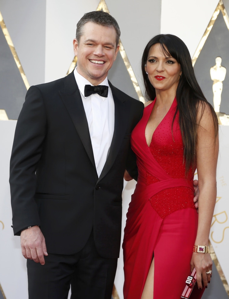 Image: Matt Damon, nominated for Best Actor for his role in "The Martian," arrives with his wife Luciana Barroso at the 88th Academy Awards in Hollywood