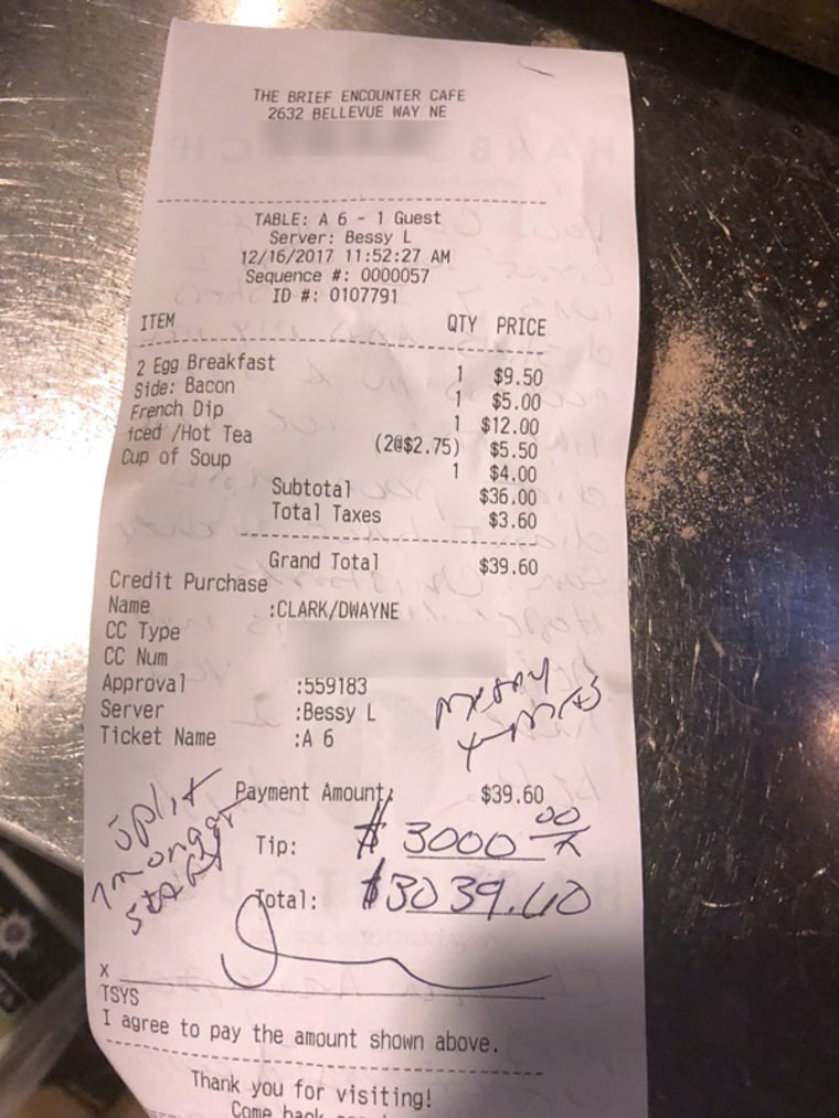 Clark left a generous tip for the staff for the holiday season.