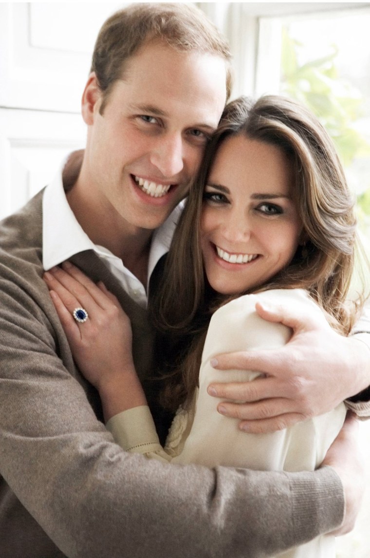 Britain's Prince William and Kate Middleton posing in one of their official engagement portraits.