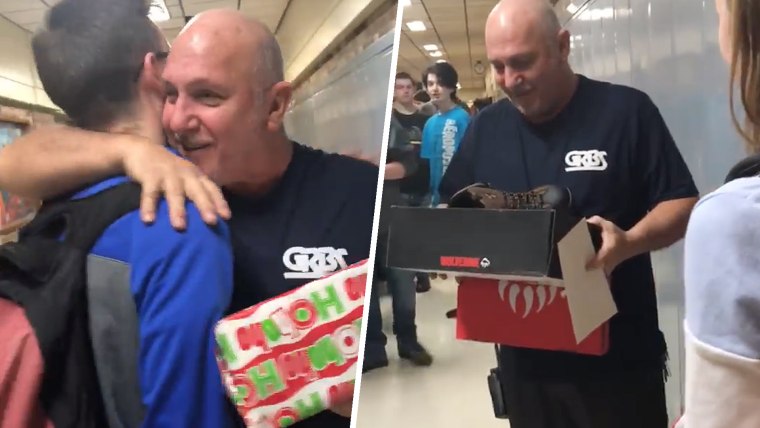 Students surprise beloved Garden City High School custodian with new work boots for Christmas.