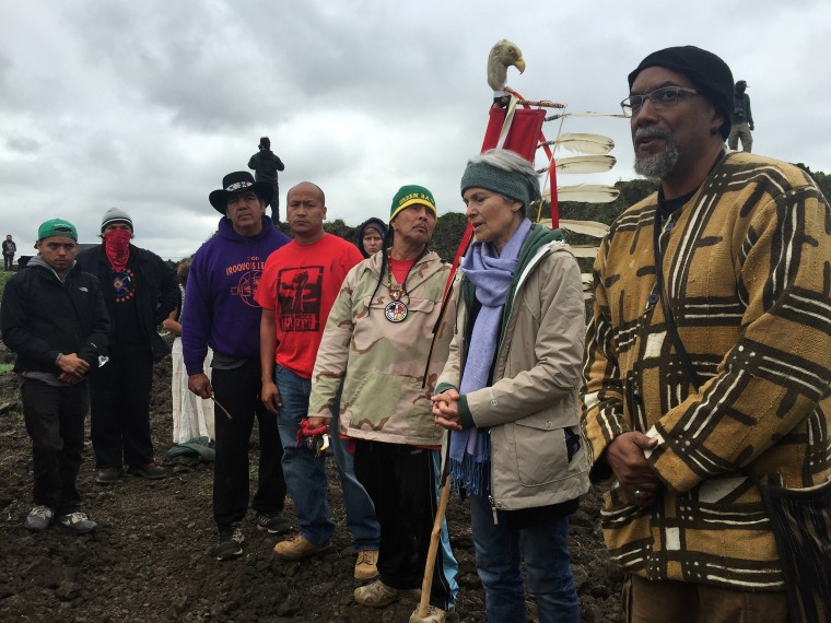 Green Party presidential candidate Jill Stein, second from right, participates in an oil pipeline protest on Sept. 6 in Morton County, North Dakota.