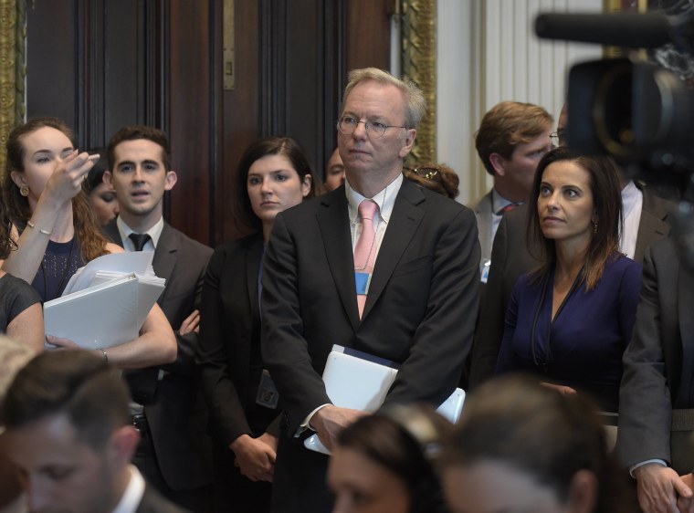 Image: Eric Schmidt  listens as White House senior adviser Jared Kushner speaks at the opening session of the White House meeting with technology Chief Executive Officers