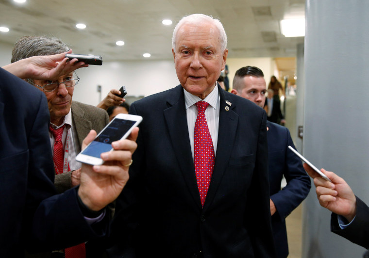 Image: Senator Orrin Hatch (R-UT) speaks to reporters after the Senate approved $15.25 billion in aid for areas affected by Hurricane Harvey in Washington