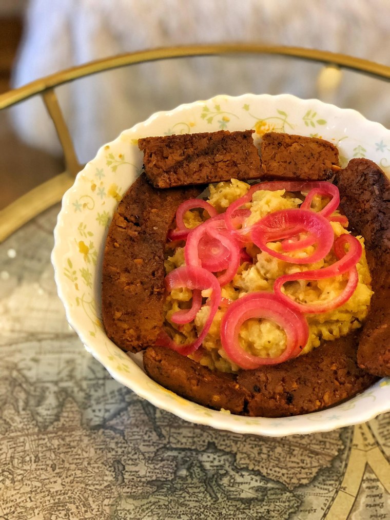 Mangu, a traditional Dominican dish, made with vegan butter.