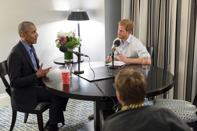 Image: Prince Harry interviews former U.S. President Barack Obama as part of his guest editorship of BBC Radio 4's Today program which is to be broadcast on Dec. 27, 2017.