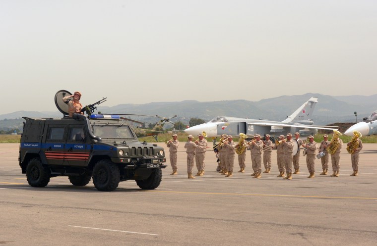 A military parade at Russia's base in Hmeimim, Syria, on May 9, 2017.