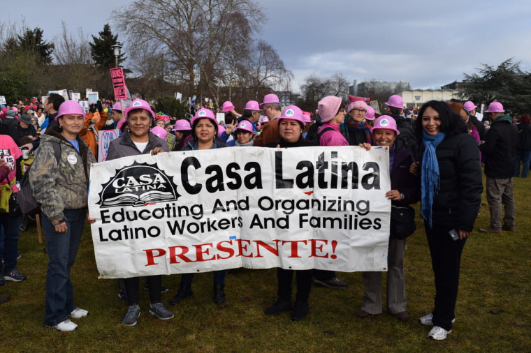 A large group of women from Casa Latina marched together in the 2017 Women's March in Seattle.
