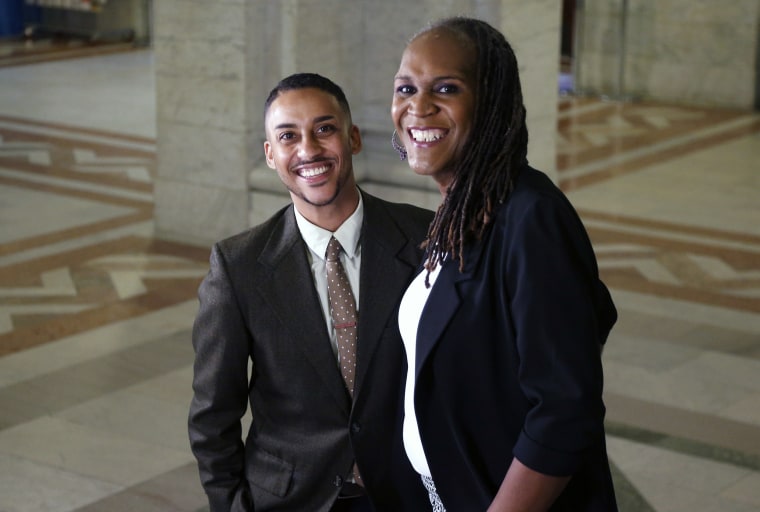 Image: Newly elected city council members Phillipe Cunningham, left ,and Andrea Jenkins pose after an interview