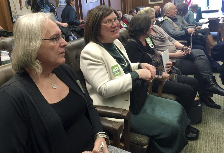 Image: Vivian Murphy, left, and Gerri Cannon, second from left, listen during a public hearing on a bill