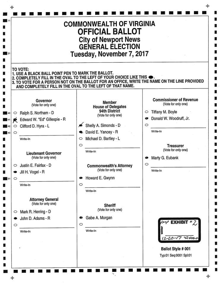 Image: A court filing filed today by the Democratic challenger, Shelly Simonds, who was initially declared the winner shows a ballot from the House Delegates race in Virginia.