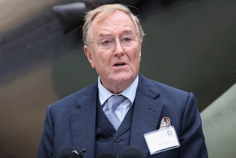 Image: Actor Robert Hardy speaks outside the Churchill War Rooms Museum