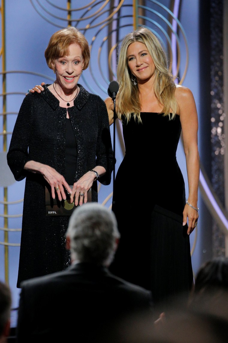 Image: Carol Burnett, Jennifer Aniston, presenters at the 75th Golden Globe Awards in Beverly Hills, California