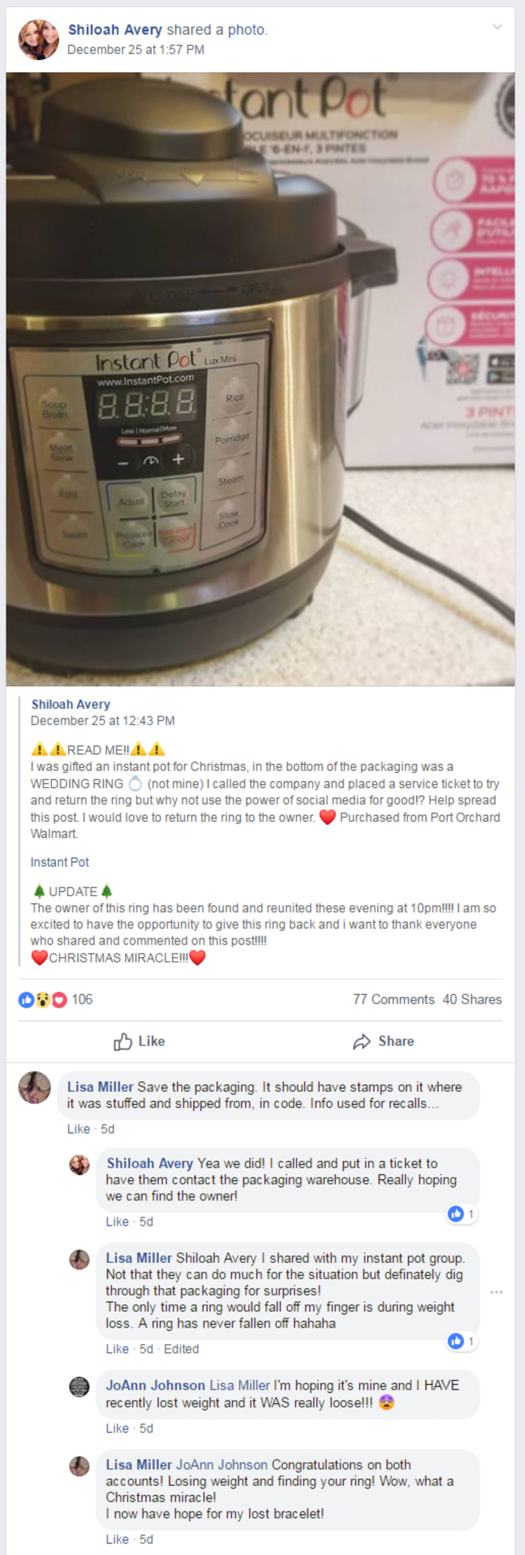 Woman finds wedding ring in Instant Pot box and returns it to rightful owner