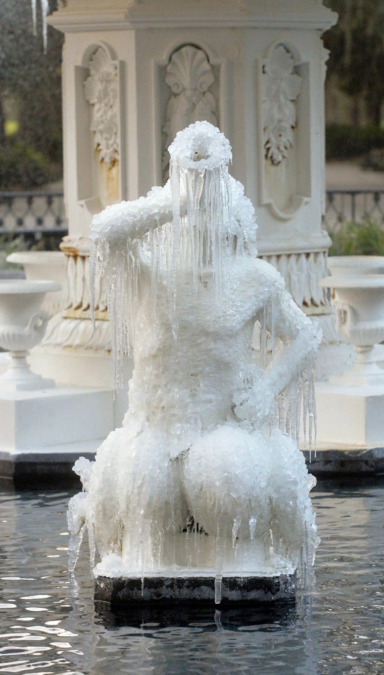 Image: Icicles form on the tritons in the Forsyth Park Fountain