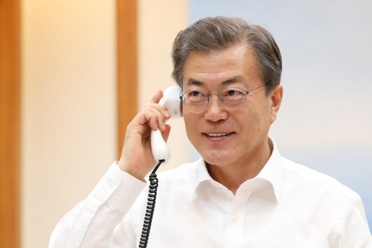 Image: South Korea's Moon Jae-in pictured talking to President Donald Trump Thursday.