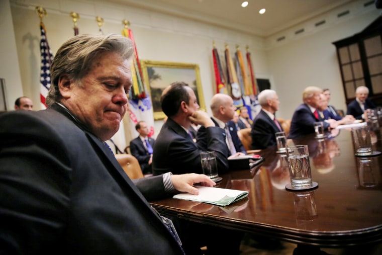 Image:  White House Chief Strategist Bannon attends a meeting between U.S. President Trump and congressional leaders in Washington