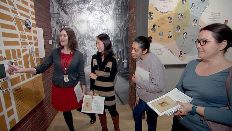 Image: Samantha Rijkers (instructor), Hiroko McVey (student) and other students at the New York Historical Society.