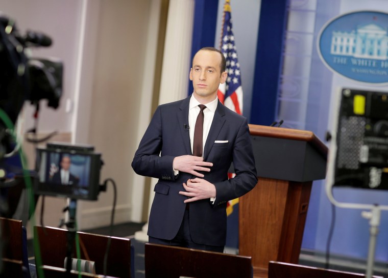 Image: Senior White House Advisor Stephen Miller waits to go on the air in the White House Briefing Room on Feb. 12, 2017.