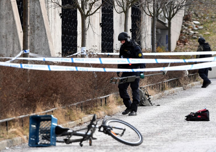 Image: The police has cordoned off the area outside Varby Gard metro station south of Stockholm where two people were injured by some kind of explosive in Stockholm, Sweden on Jan. 7, 2018.