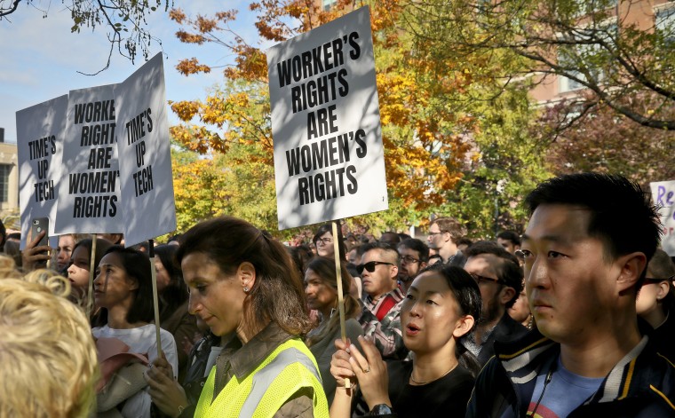 Google employees, who walked off the job to protest the internet company's lenient treatment of executives accused of sexual misconduct, listen to speakers during a protest rally on Nov. 1, 2018, in New York.