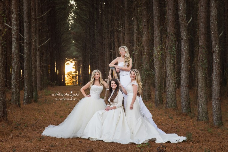 Four sisters pose for photo shoot in wedding gowns to surprise their proud mom