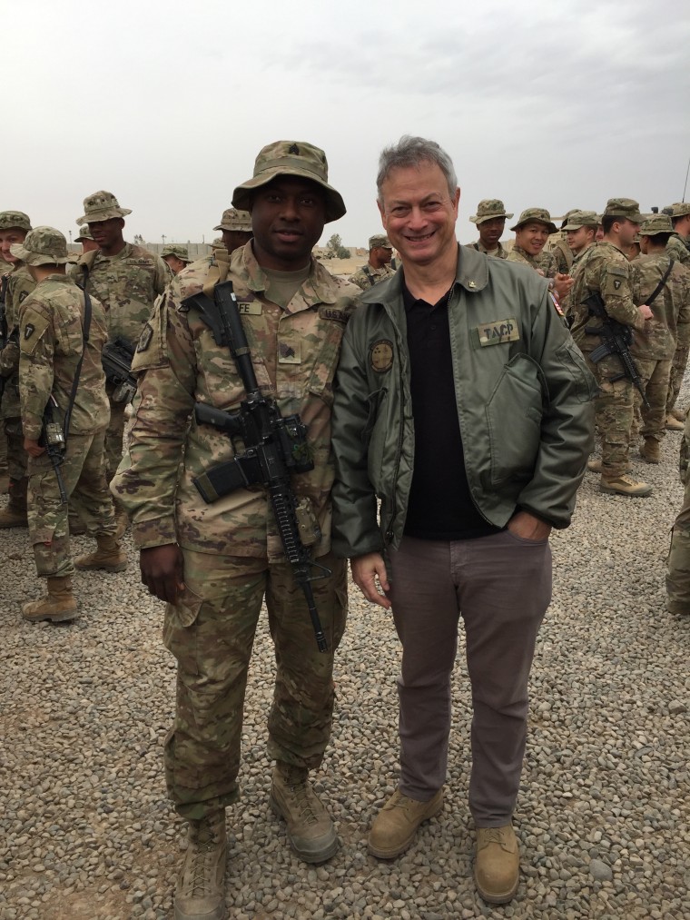 Francois Clerfe, who was stationed abroad before the Jan. 1 birth of his daughter, and a celebrity supporter, Gary Sinise.