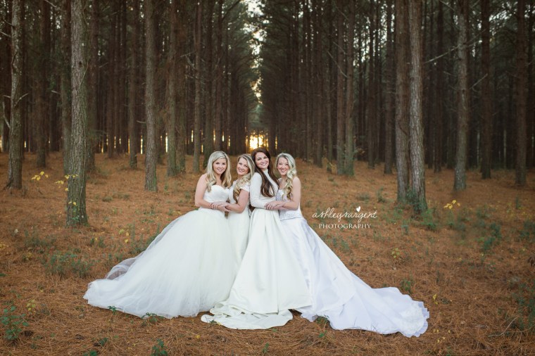 Four sisters pose for photo shoot in wedding gowns to surprise their proud mom
